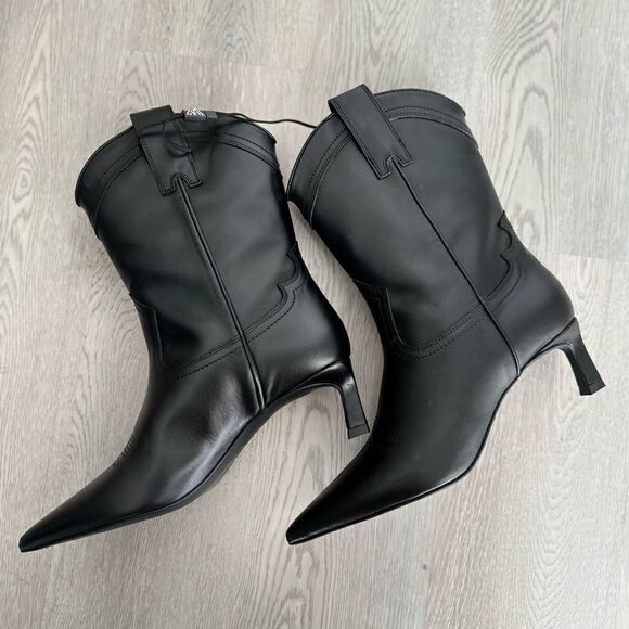 ZARA LEATHER COWBOY HEELED ANKLE BOOTS - Picture 1 of 10